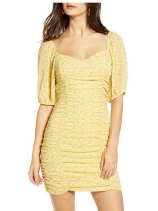 All in Favor Dresses & Skirts - All In Favor Sasha Ruched Mini Dress Women's XS Yellow Puff Sleeve Coquette